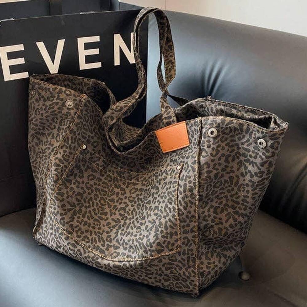 Leopard Print Slouchy Shoulder Tote Bag — Black